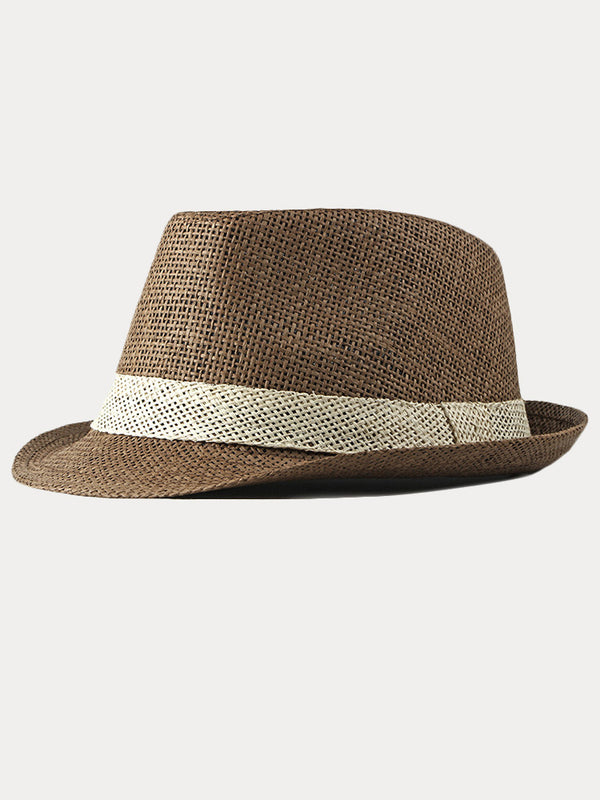 Classic Patchwork Band Panama Straw Fedora Hat