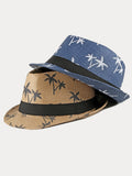 Vacation Coconut Tree Print Woven Straw Fedora Hat
