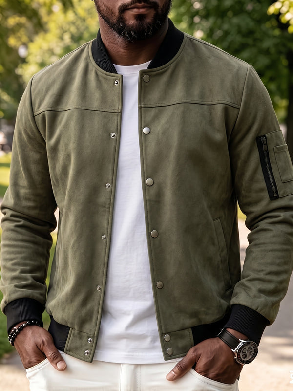 Vintage Faux Suede Baseball Bomber Jacket Snap Button Varsity Coat