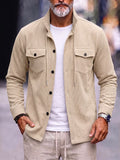 Corduroy Stand Collar Shirt Jacket with Pockets