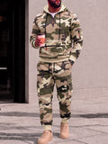 Camo Fleece Hooded Sweatsuit 2 Piece Cargo Jogger Set