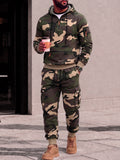 Camo Fleece Hooded Sweatsuit 2 Piece Cargo Jogger Set