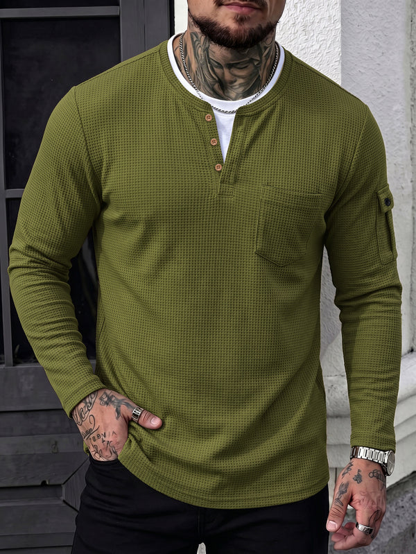 Casual Waffle Henley Shirt Military Cargo Pullover