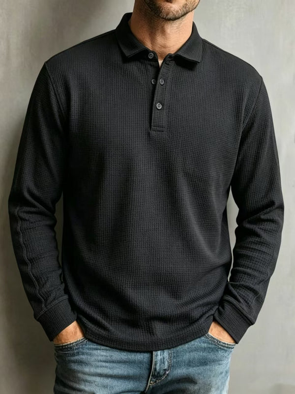 Waffle Knit Long Sleeve Polo Shirt Classic Collar Casual Pullover