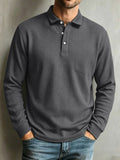 Waffle Knit Long Sleeve Polo Shirt Classic Collar Casual Pullover