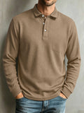 Waffle Knit Long Sleeve Polo Shirt Classic Collar Casual Pullover