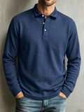 Waffle Knit Long Sleeve Polo Shirt Classic Collar Casual Pullover