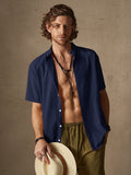 Classic Casual Cotton and Linen Stand Collar Shirt Shirts coofandystore Navy Blue M 